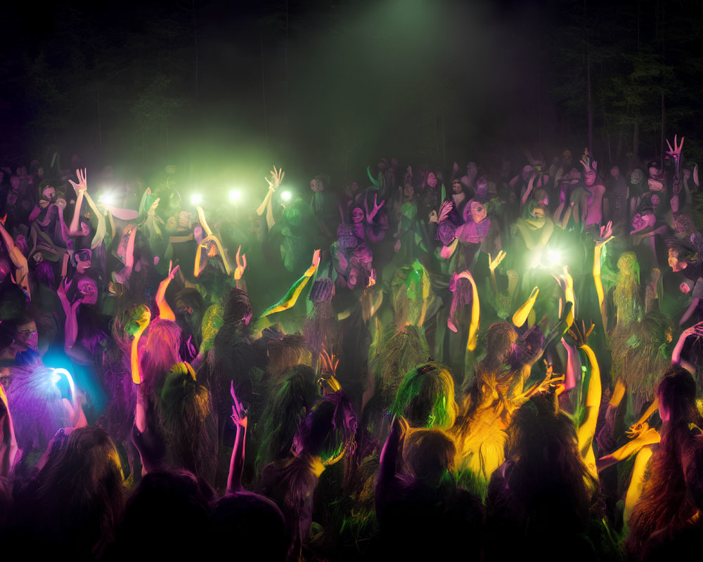 Colorful Night Forest Party with Dancing Crowd and Lights