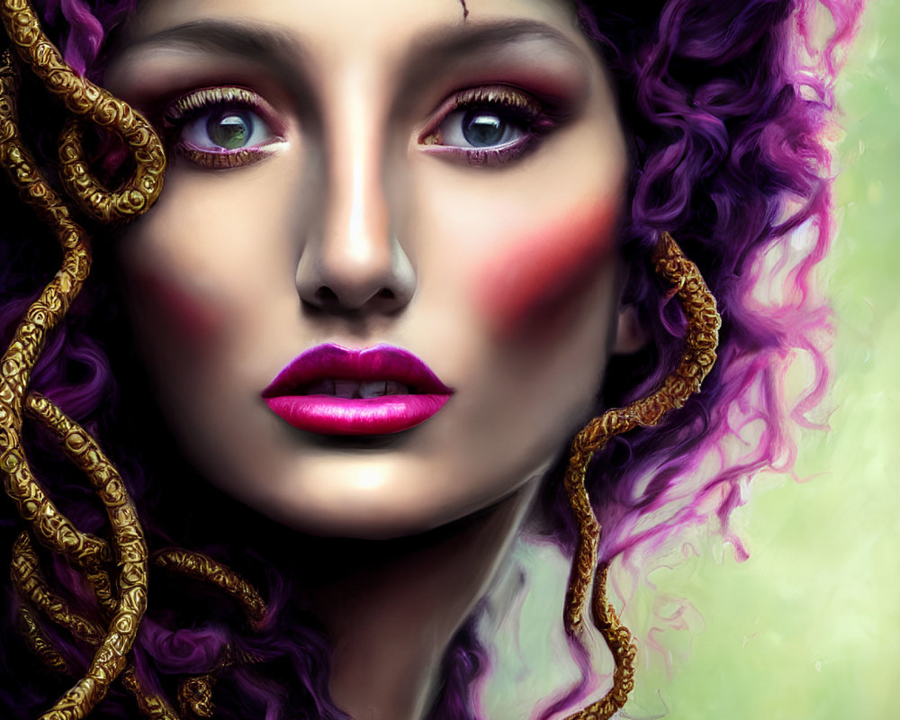 Vibrant purple hair, gold serpents, orange roses on woman against green misty backdrop