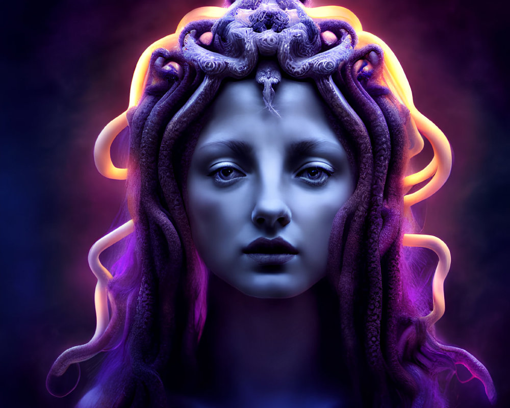 Surreal portrait: woman with purple curls, blue skin, snake on head, violet and blue