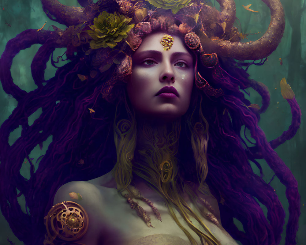 Mystical woman with purple hair and floral crown in pensive mood against green backdrop