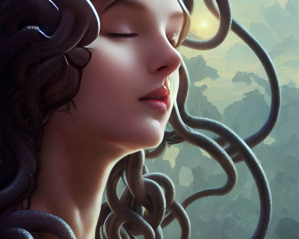 Female figure with flowing tendrils in Medusa-like style against misty mountains