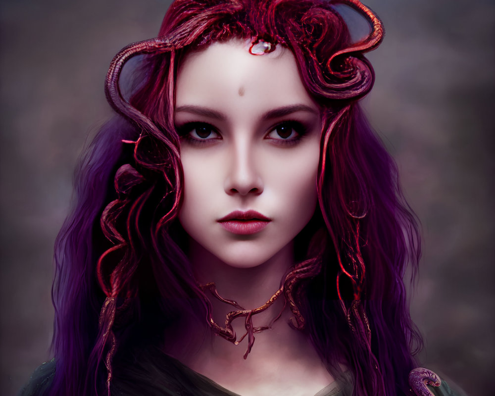 Fantasy digital art: Woman with purple hair and snake-like tendrils in moody setting