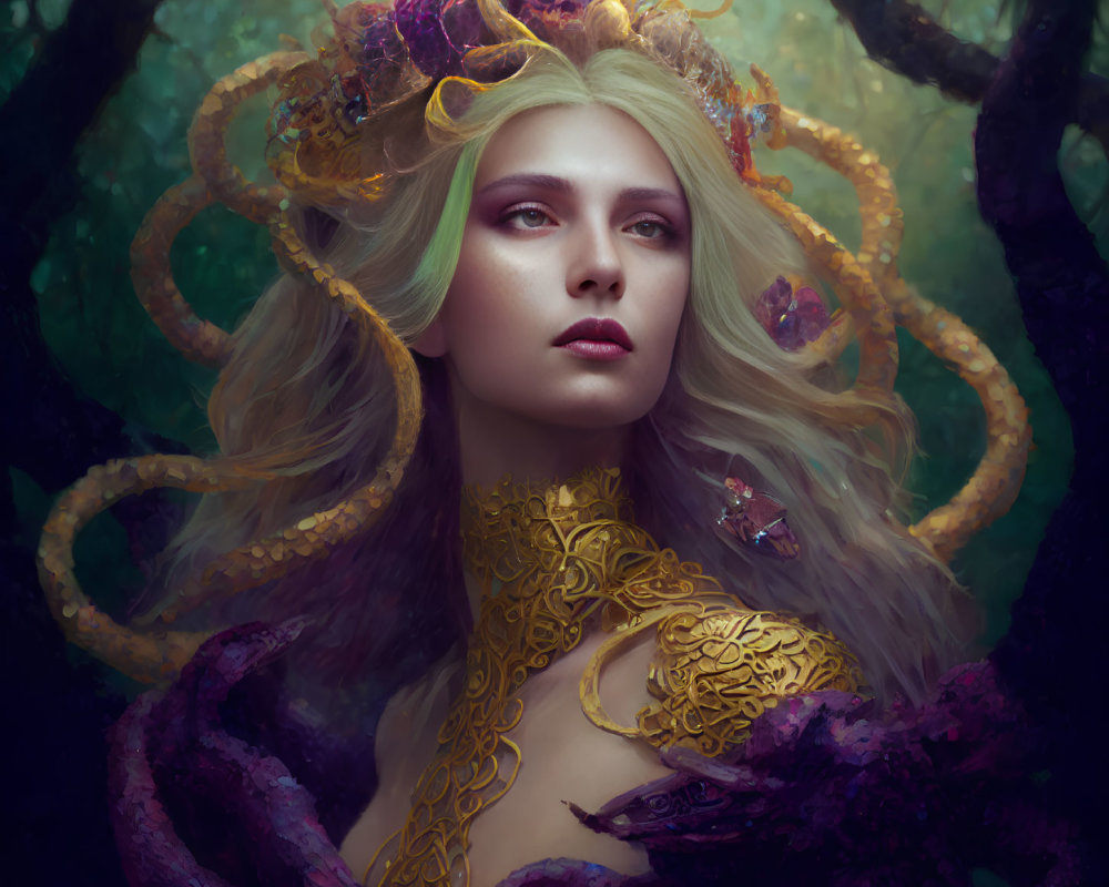 Portrait of woman with pale skin and white hair, wearing purple flower crown amidst dark vines