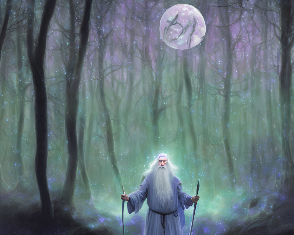 White-bearded wizard in enchanted forest under full moon and blue lights