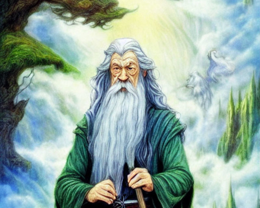 Elderly wizard in green robe under ancient tree