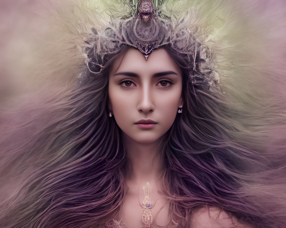 Woman with Striking Eyes in Elaborate Headpiece and Ornate Jewelry in Purple Haze