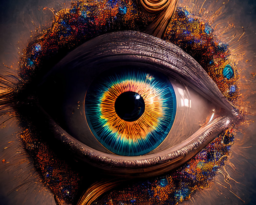 Colorful surreal digital artwork: Eye with swirling embellishments