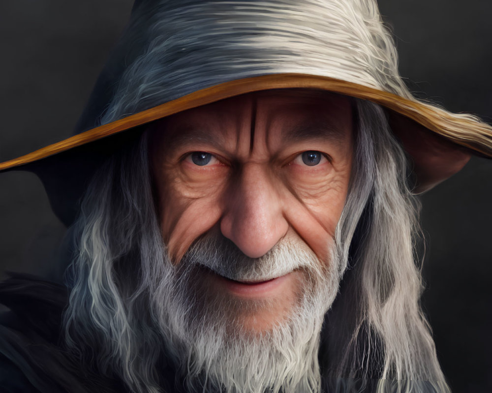 Elderly man digital portrait with pointed hat and gray hair