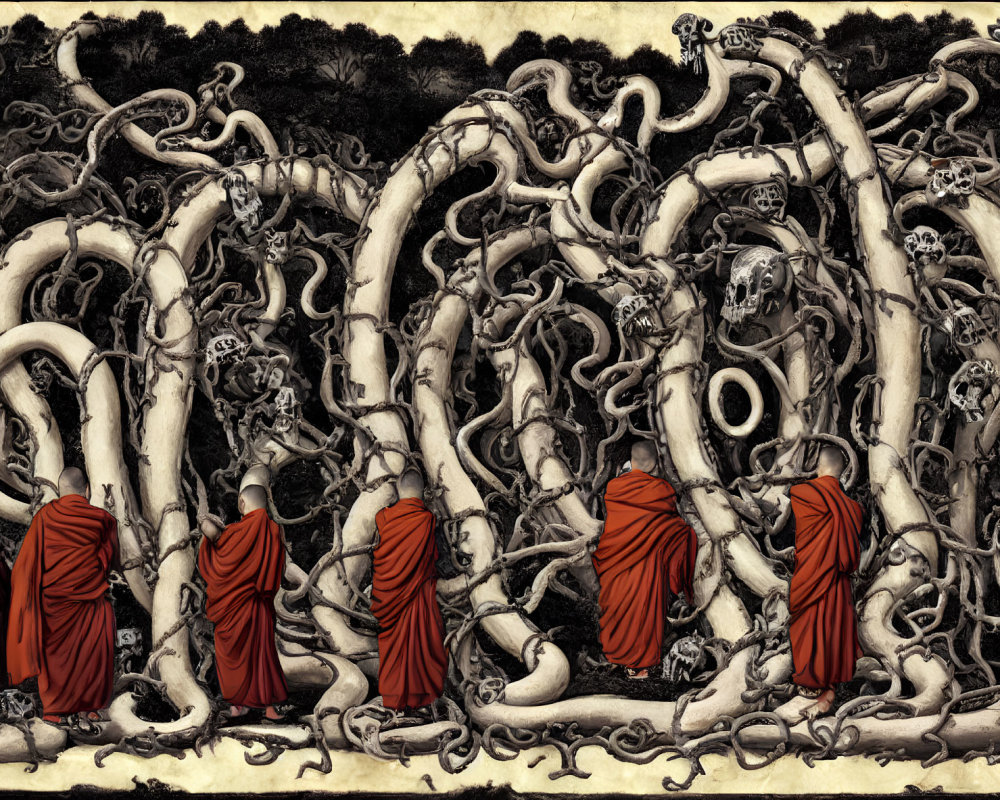 Four monks meditating in red robes before surreal tree roots and branches