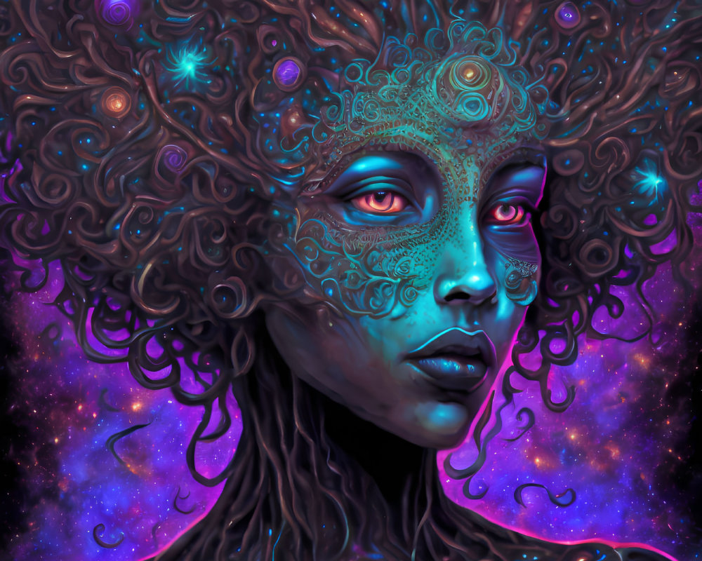 Colorful digital artwork: Cosmic entity with star-filled hair and glowing orbs.