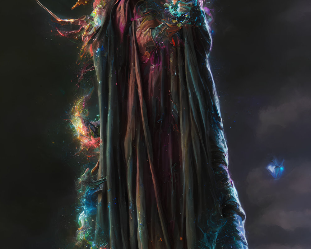 Mystical figure in flowing robes with magical energy and butterflies