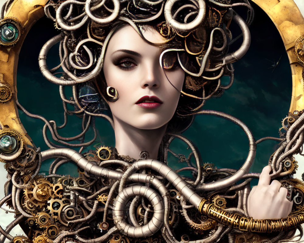 Elaborate Steampunk Headdress with Mechanical Gears and Stormy Sky