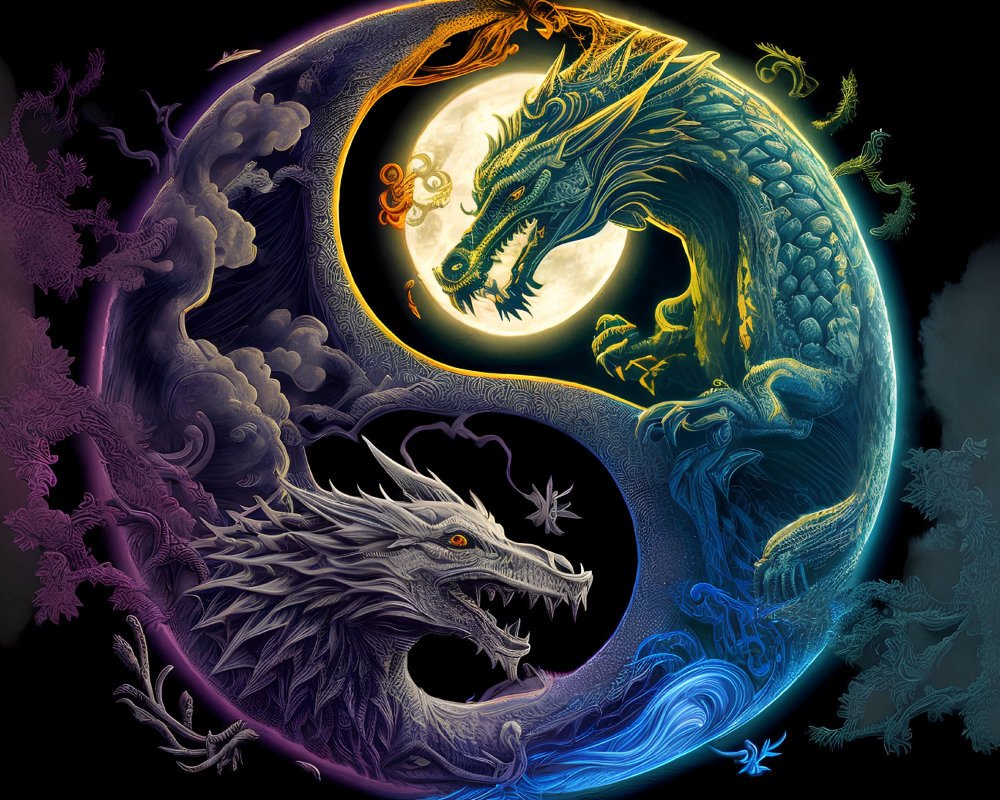 Dual Dragons Yin-Yang Artwork: Golden and Silver Dragons in Harmony