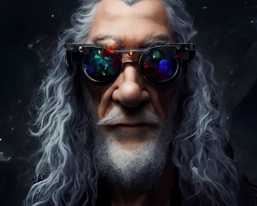 Elder with Long Gray Hair and Beard in Futuristic Glasses on Starry Night Sky