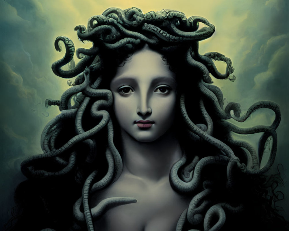 Mythical woman with snake hair and cloudy background