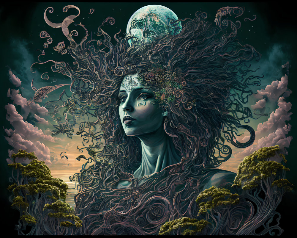 Surreal portrait of woman merging with night sky and tentacles