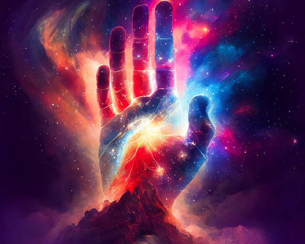 Vibrant cosmic digital artwork featuring a hand surrounded by nebulas and stars