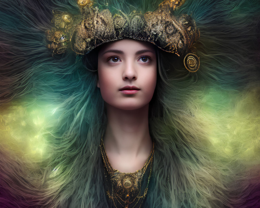 Regal woman in gold headdress with multicolored background