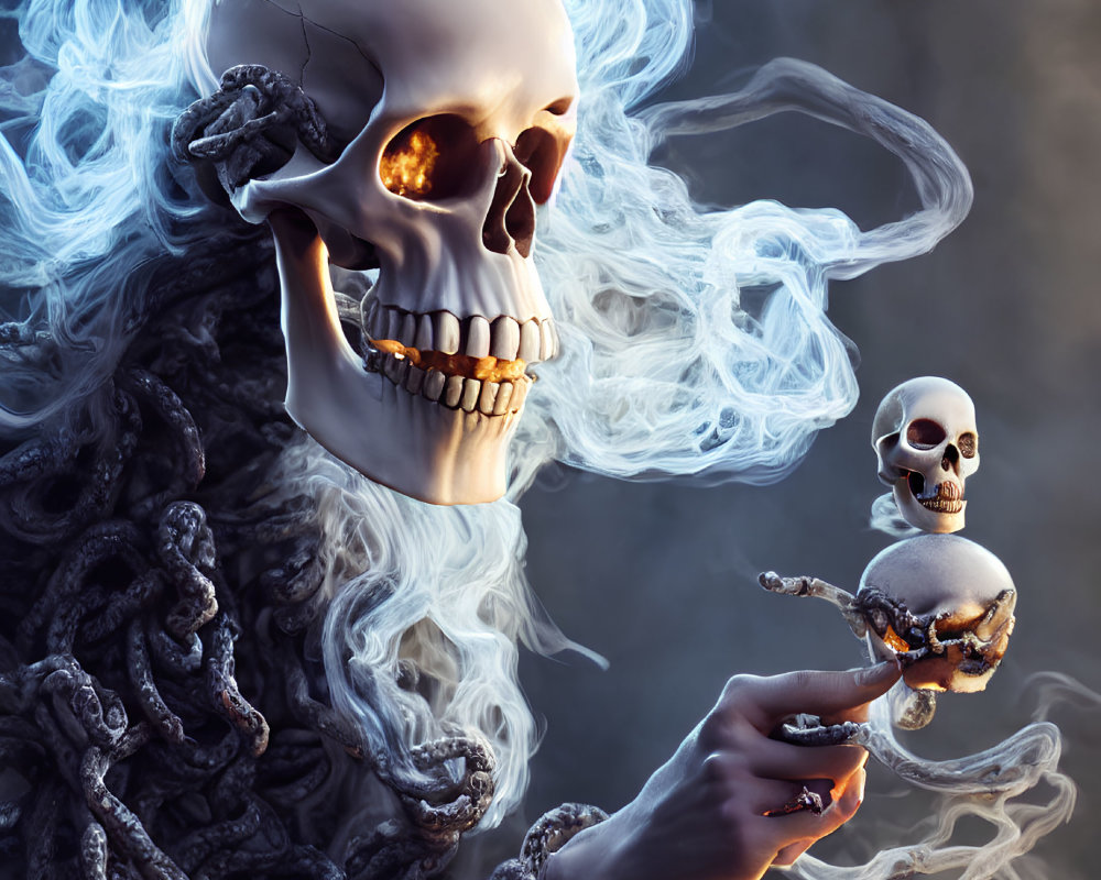 Skeletal figure with skull in blue smoke and tentacles
