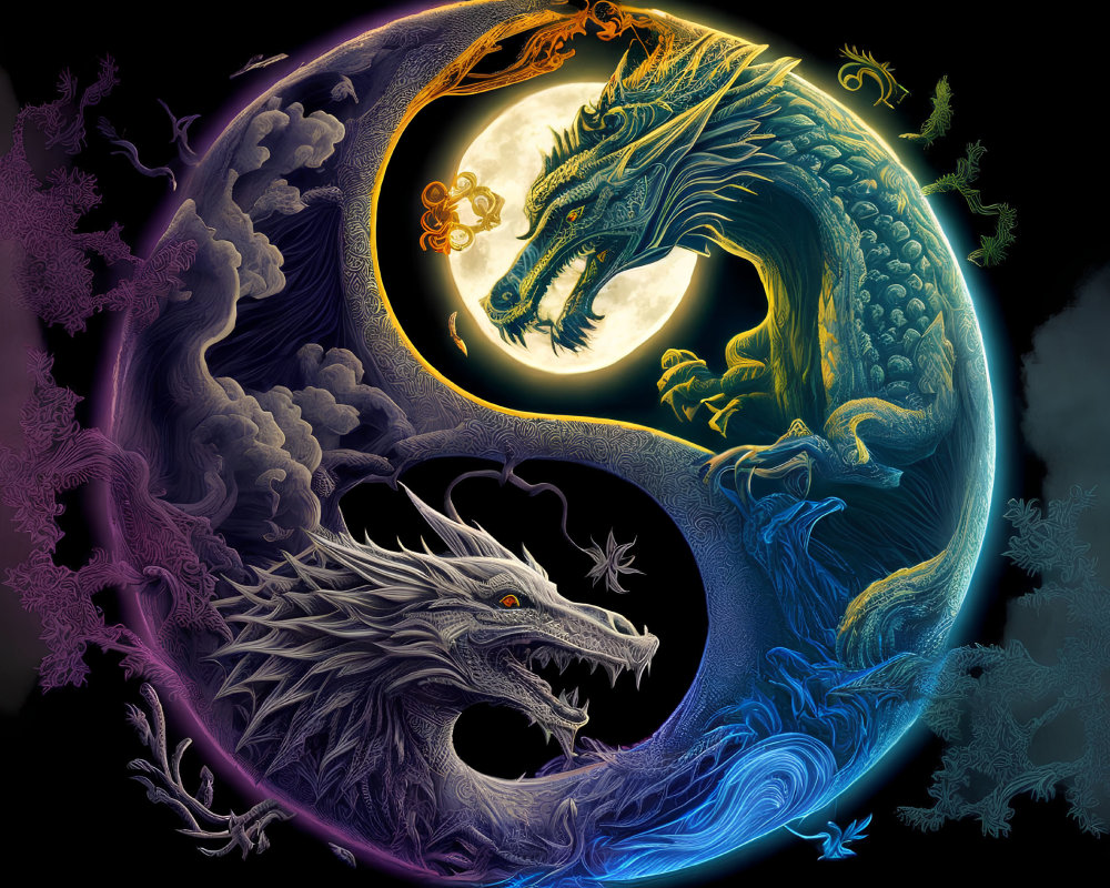 Illustration: Dragons circling sun and moon yin-yang symbol