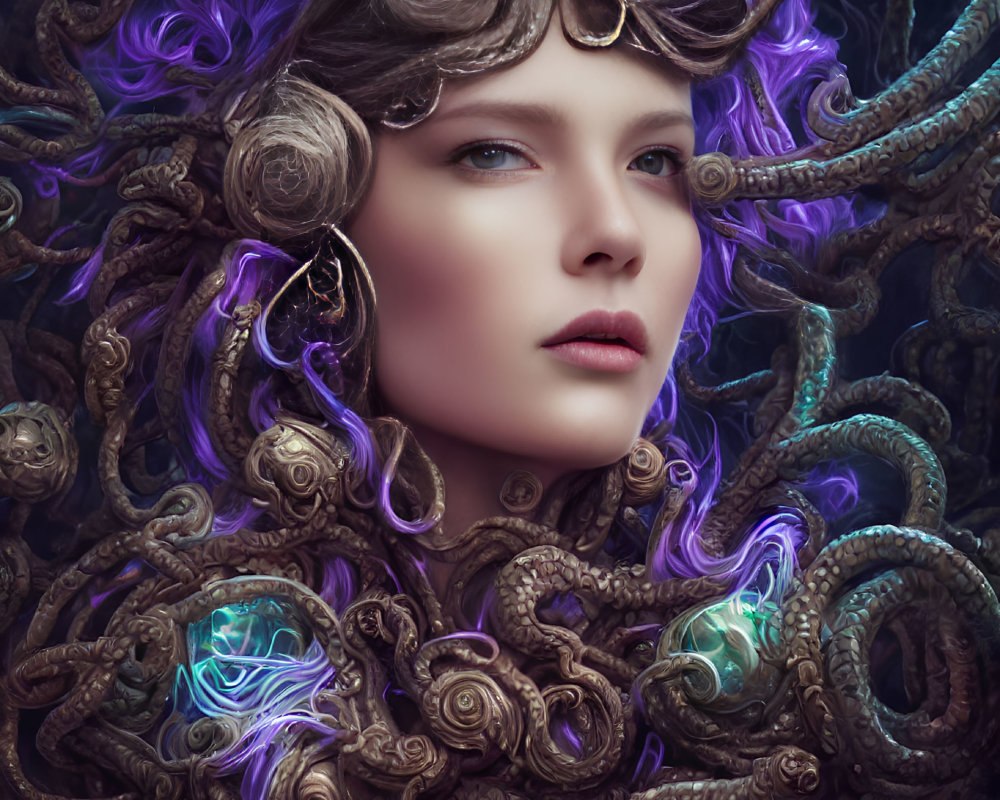 Fantastical woman portrait with tentacle headdress and glowing elements.