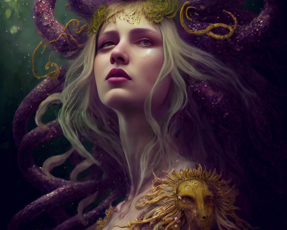 Fantasy portrait of woman with pale skin, light hair, purple octopus headdress, holding golden