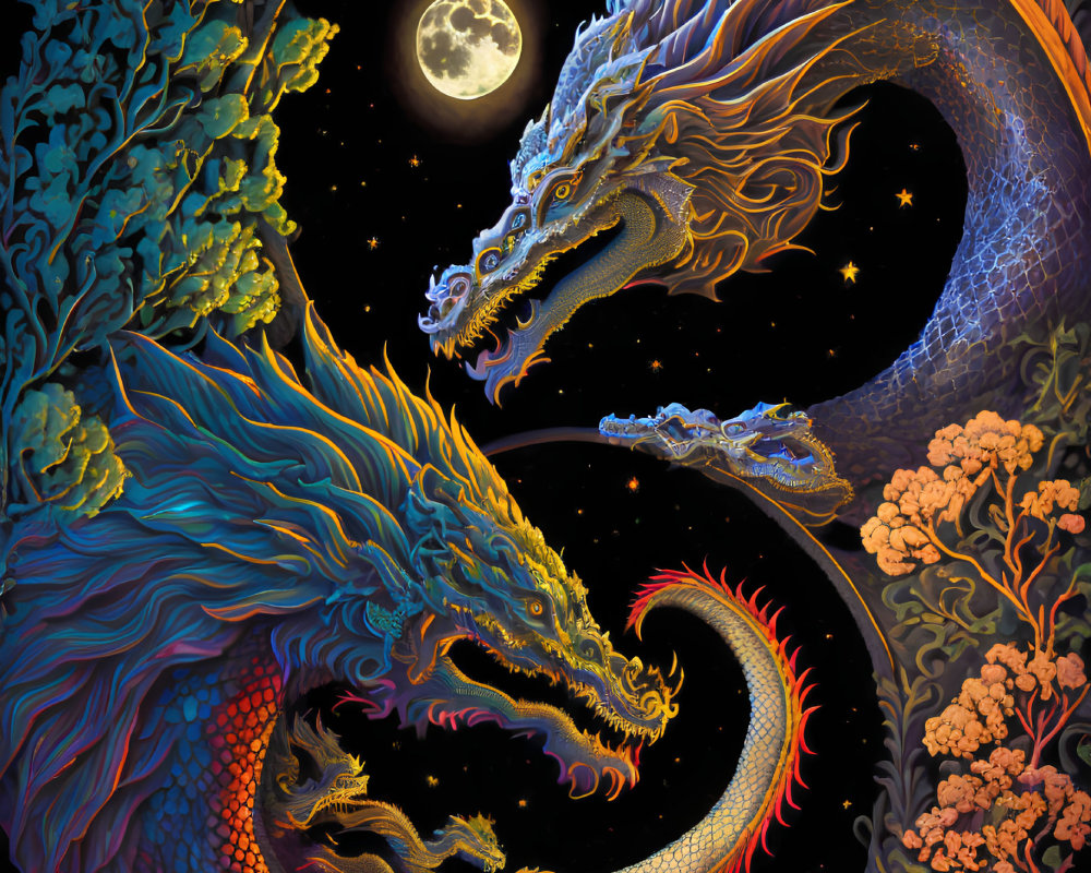 Intricate yin-yang dragons with foliage, moon, and stars in vibrant colors