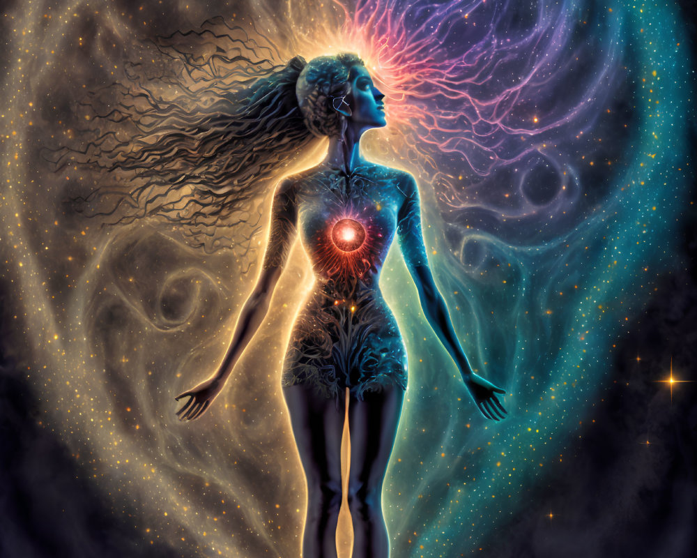 Illustration of human figure with glowing heart in cosmic setting