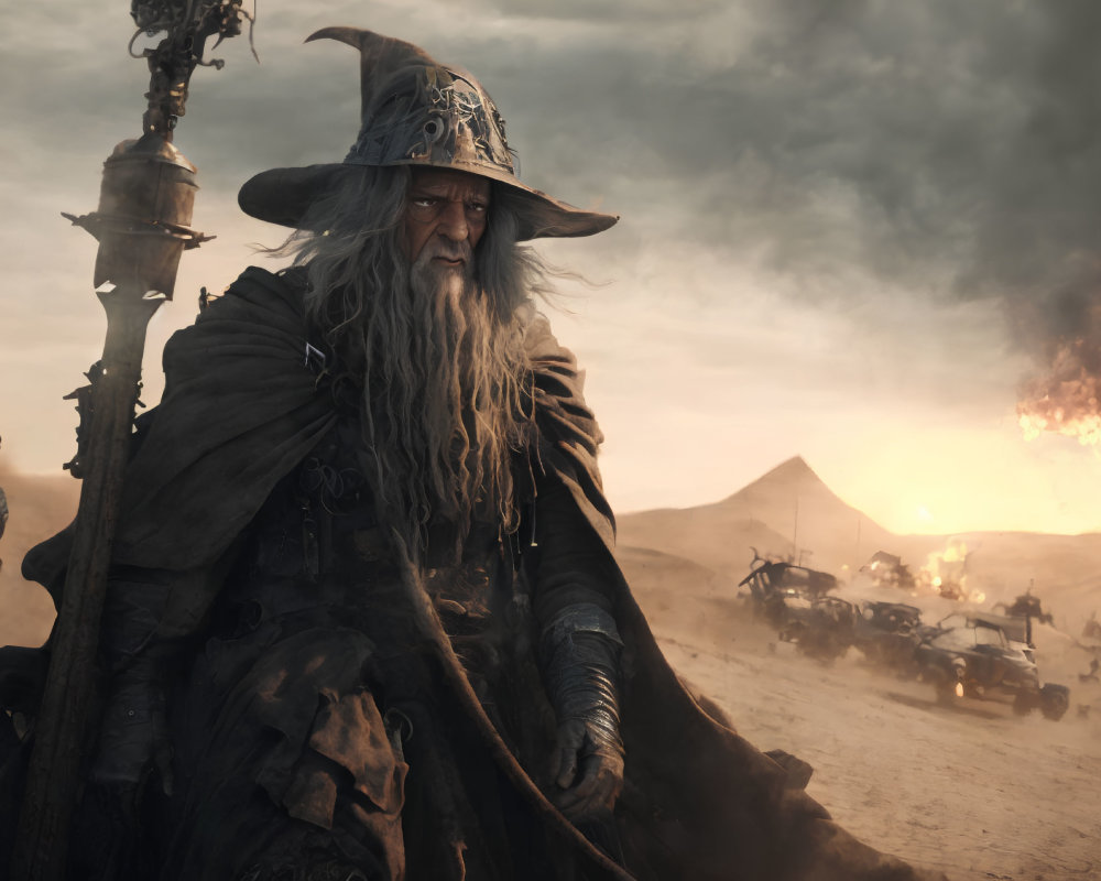 Wizard with long beard in desert with burning structure and war machines.