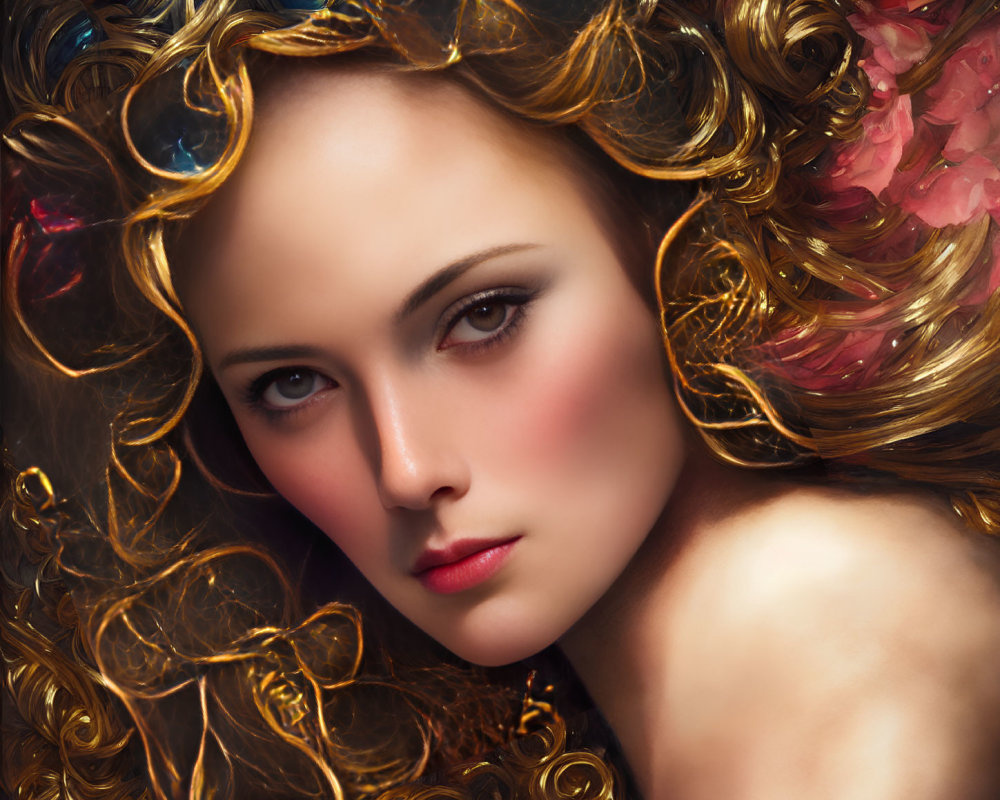 Ethereal woman with golden hair and intricate jewelry in digital painting