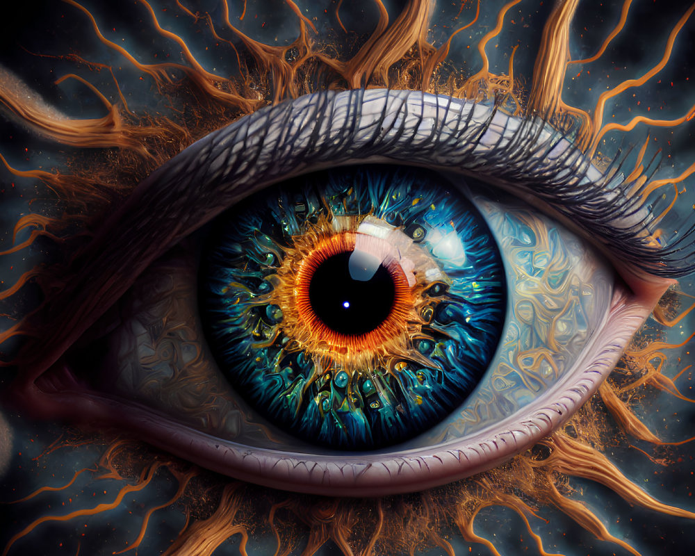 Detailed Blue Eye with Intricate Iris Patterns Surrounded by Fiery Orange and Black Tendrils