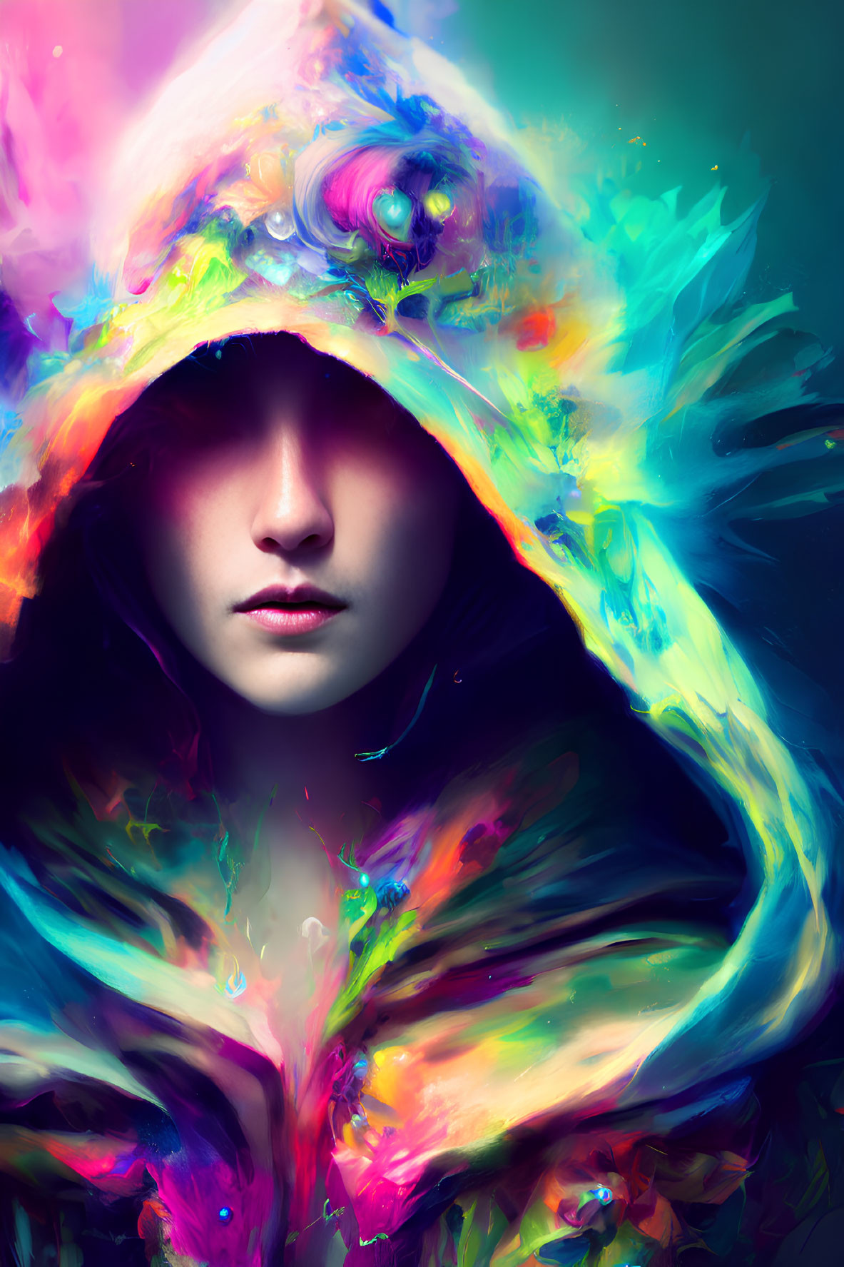 Colorful Paint-Splatter Hoodie on Mysterious Figure