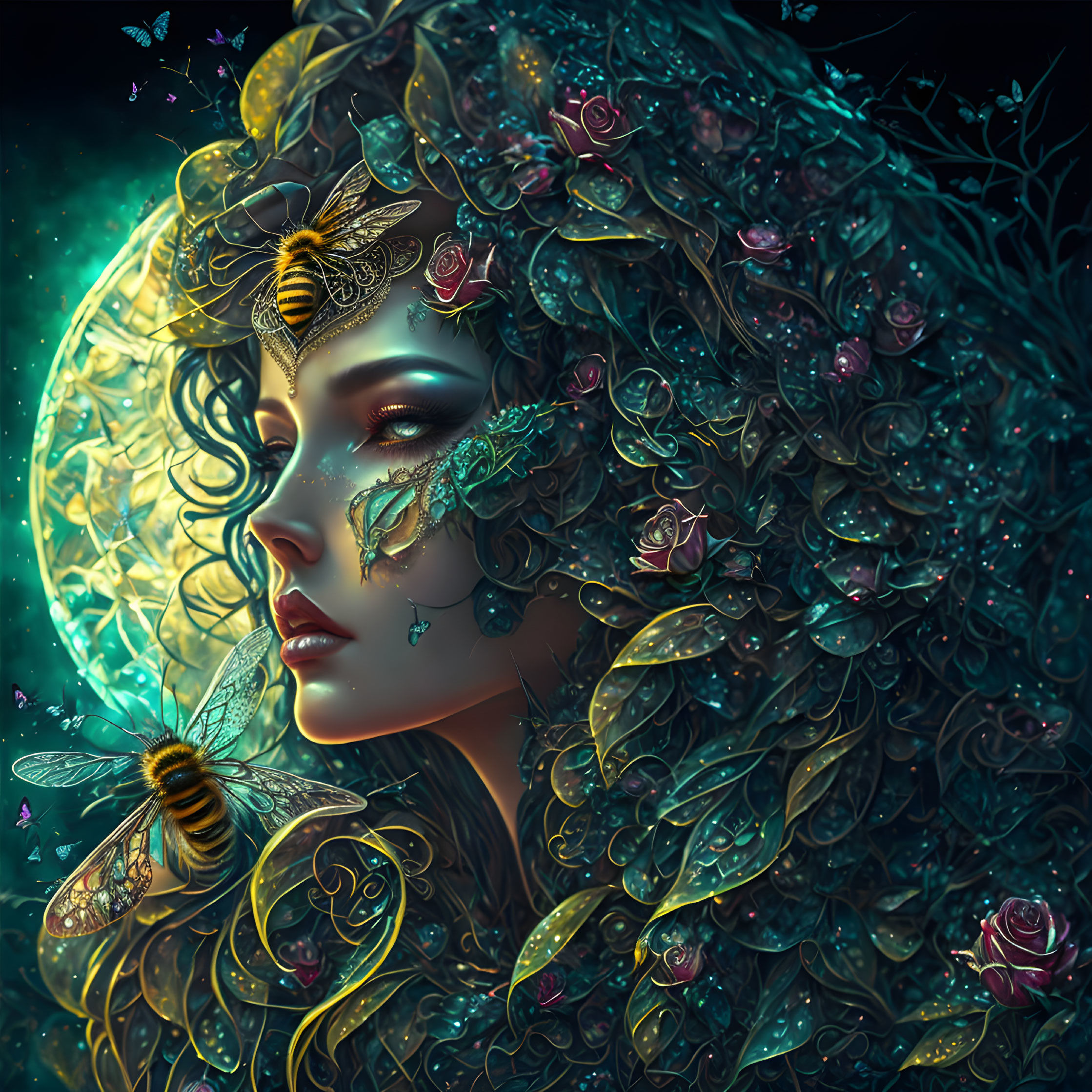 Digital artwork features woman's profile with ornate floral and insect embellishments on a luminous moon backdrop