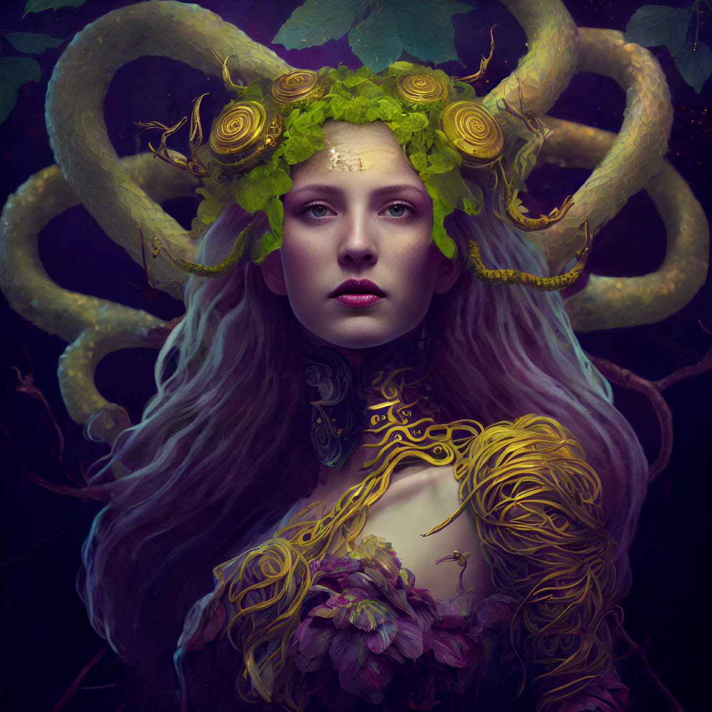 Digital art portrait of a woman with serpent-like horns and golden vine adornments