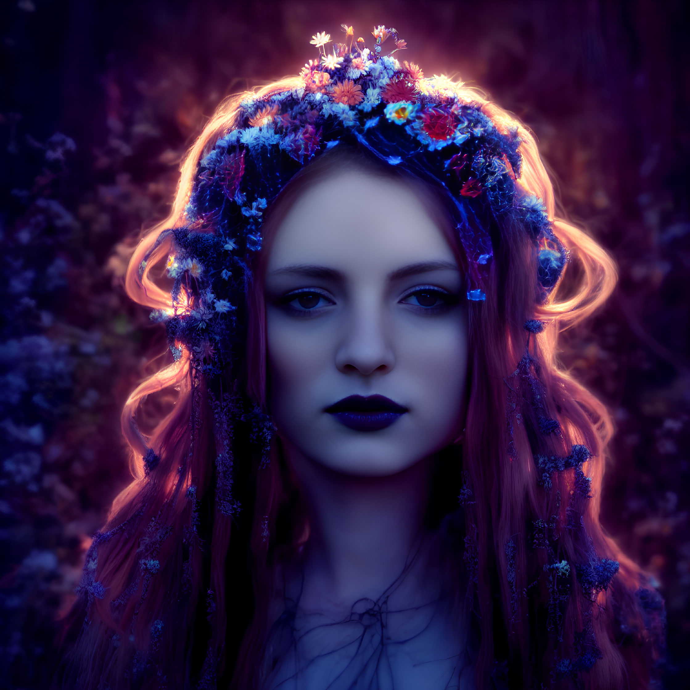 Red-haired woman with floral crown in serene forest setting