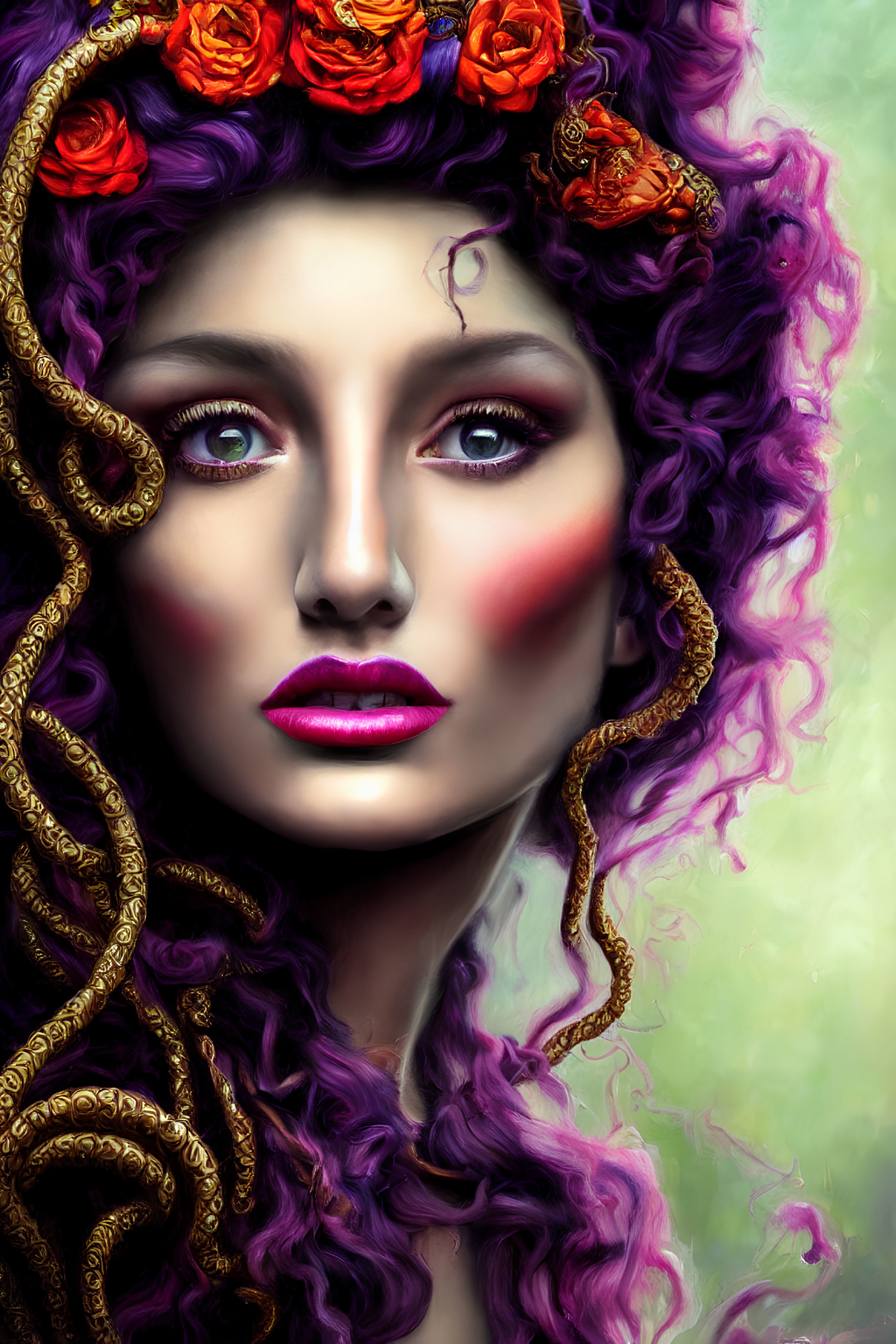 Vibrant purple hair, gold serpents, orange roses on woman against green misty backdrop