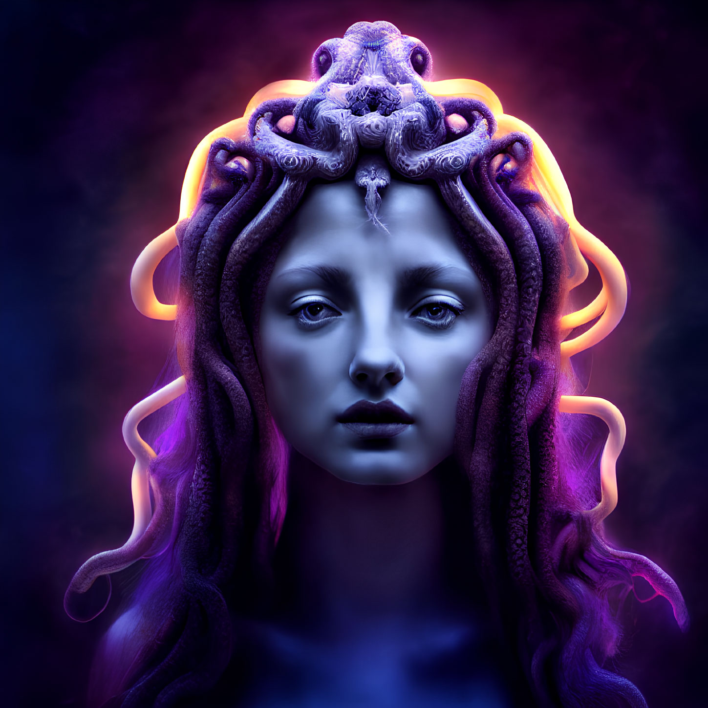 Surreal portrait: woman with purple curls, blue skin, snake on head, violet and blue