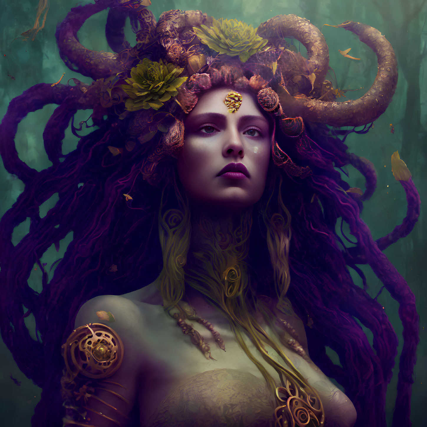 Mystical woman with purple hair and floral crown in pensive mood against green backdrop