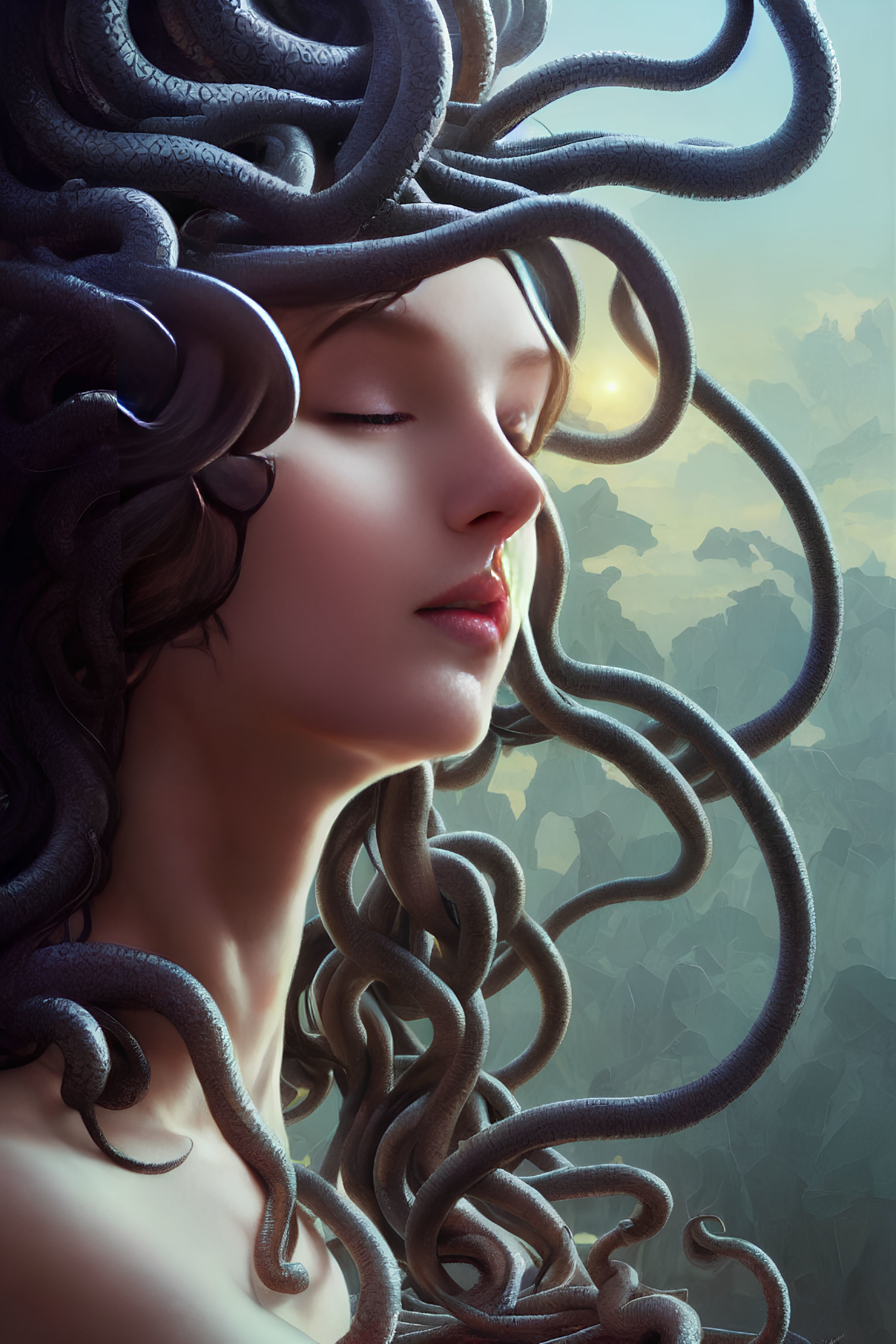 Female figure with flowing tendrils in Medusa-like style against misty mountains