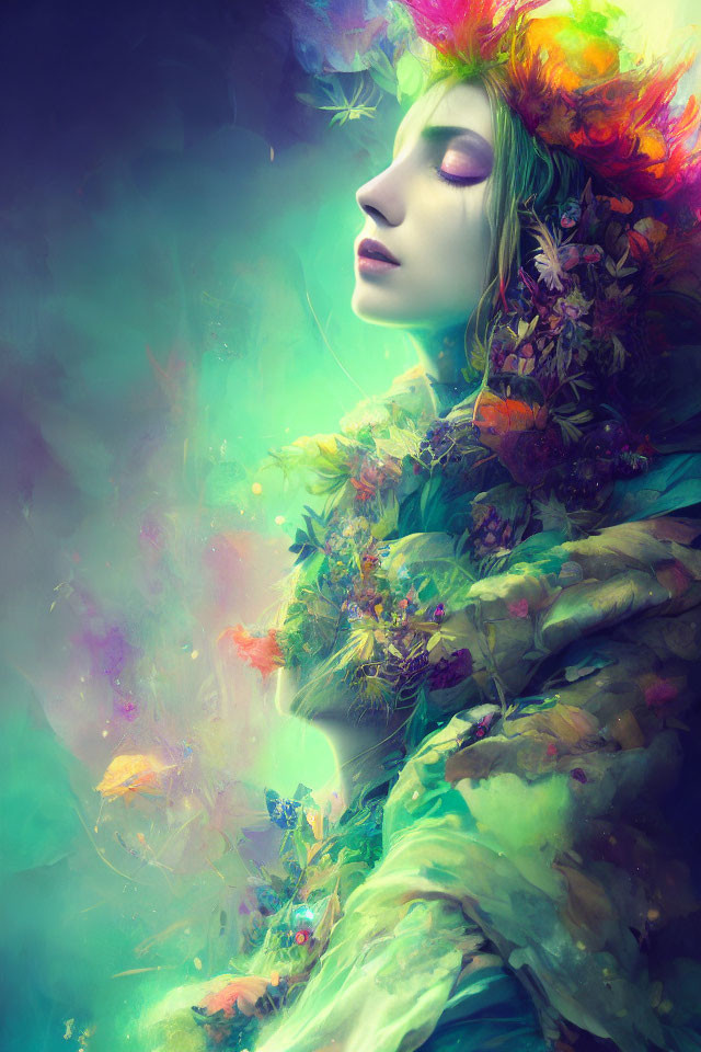 Vibrant artistic image of woman with autumn leaf headdress and cloak