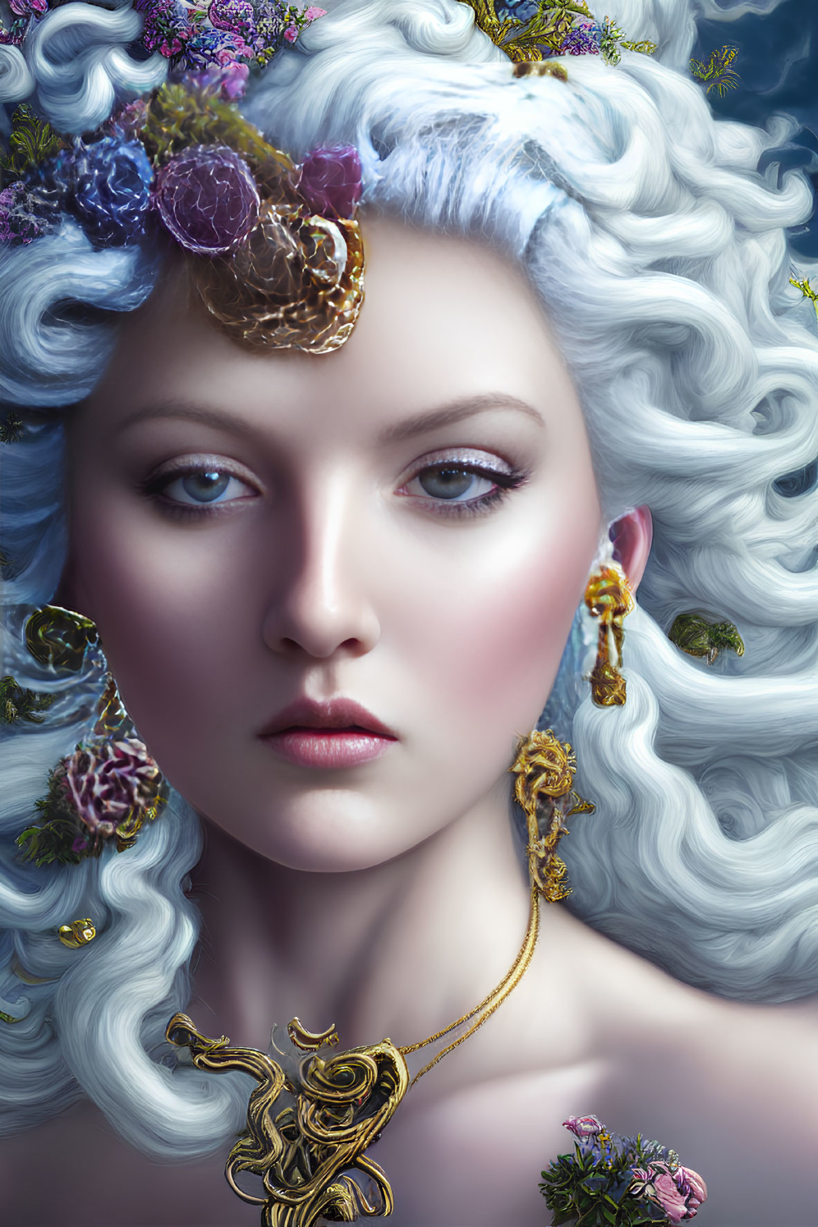 Portrait of woman with white curly hair, flowers, jewelry, serene expression on blue backdrop