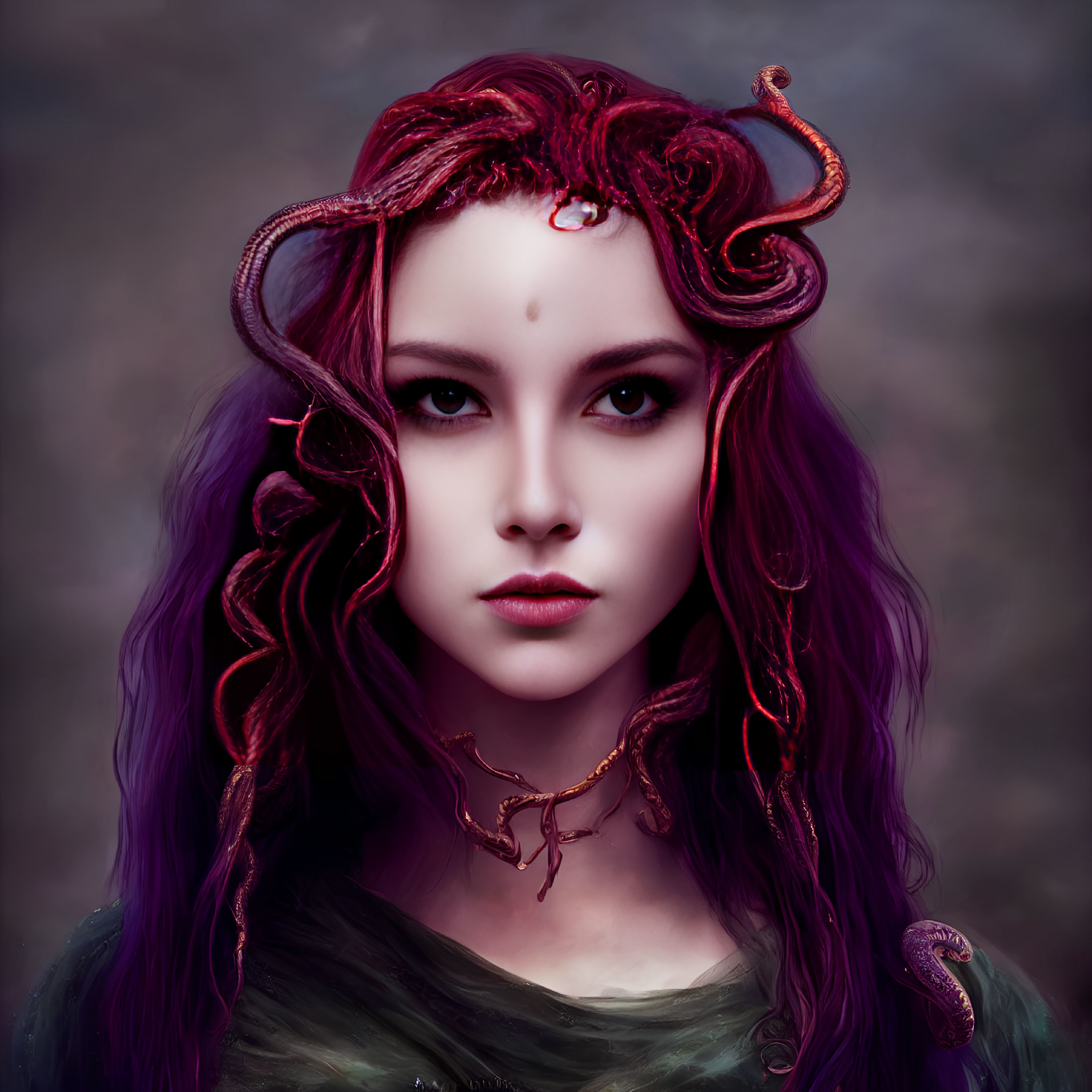 Fantasy digital art: Woman with purple hair and snake-like tendrils in moody setting