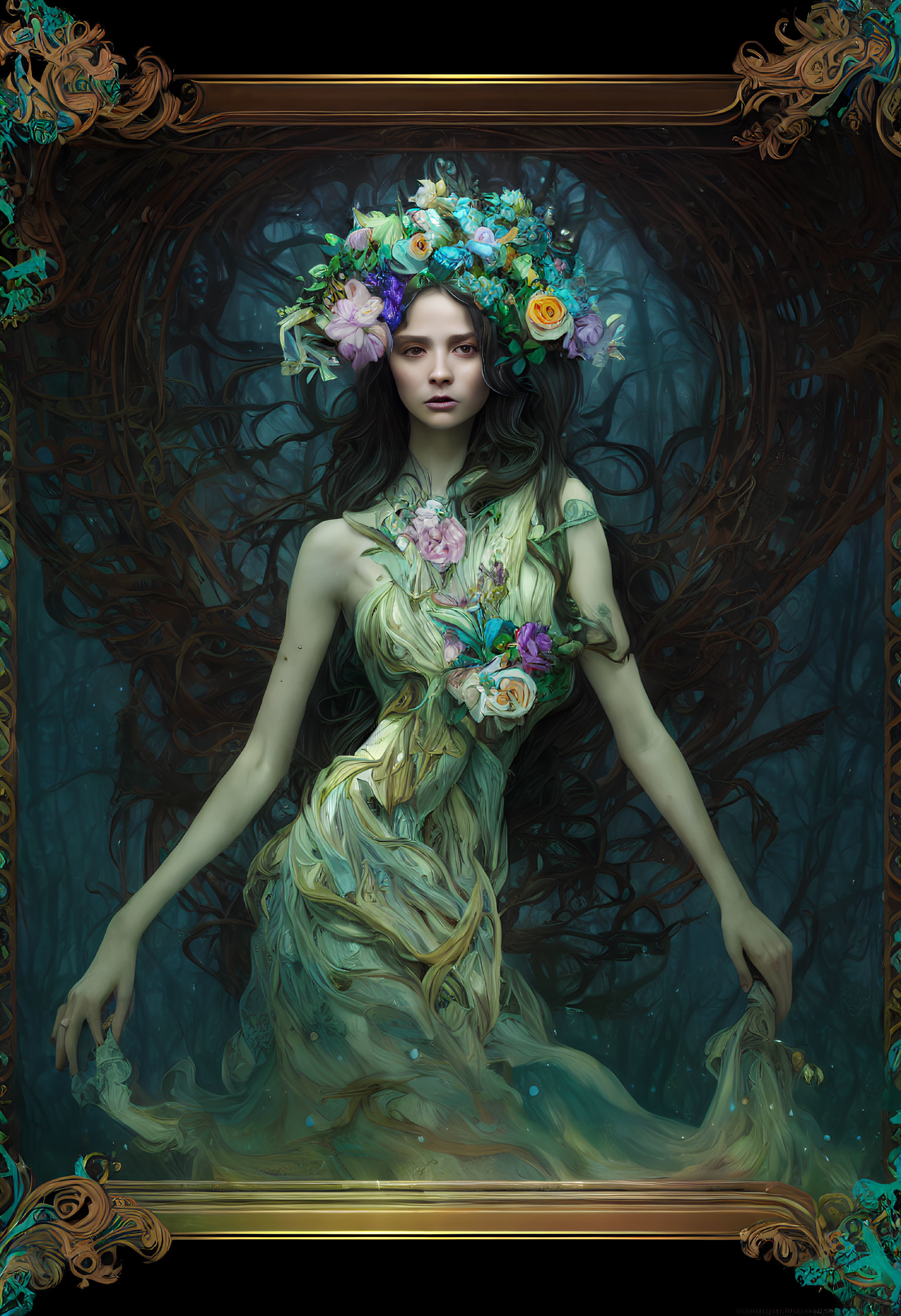 Surreal portrait of woman with floral crown blending into tree roots