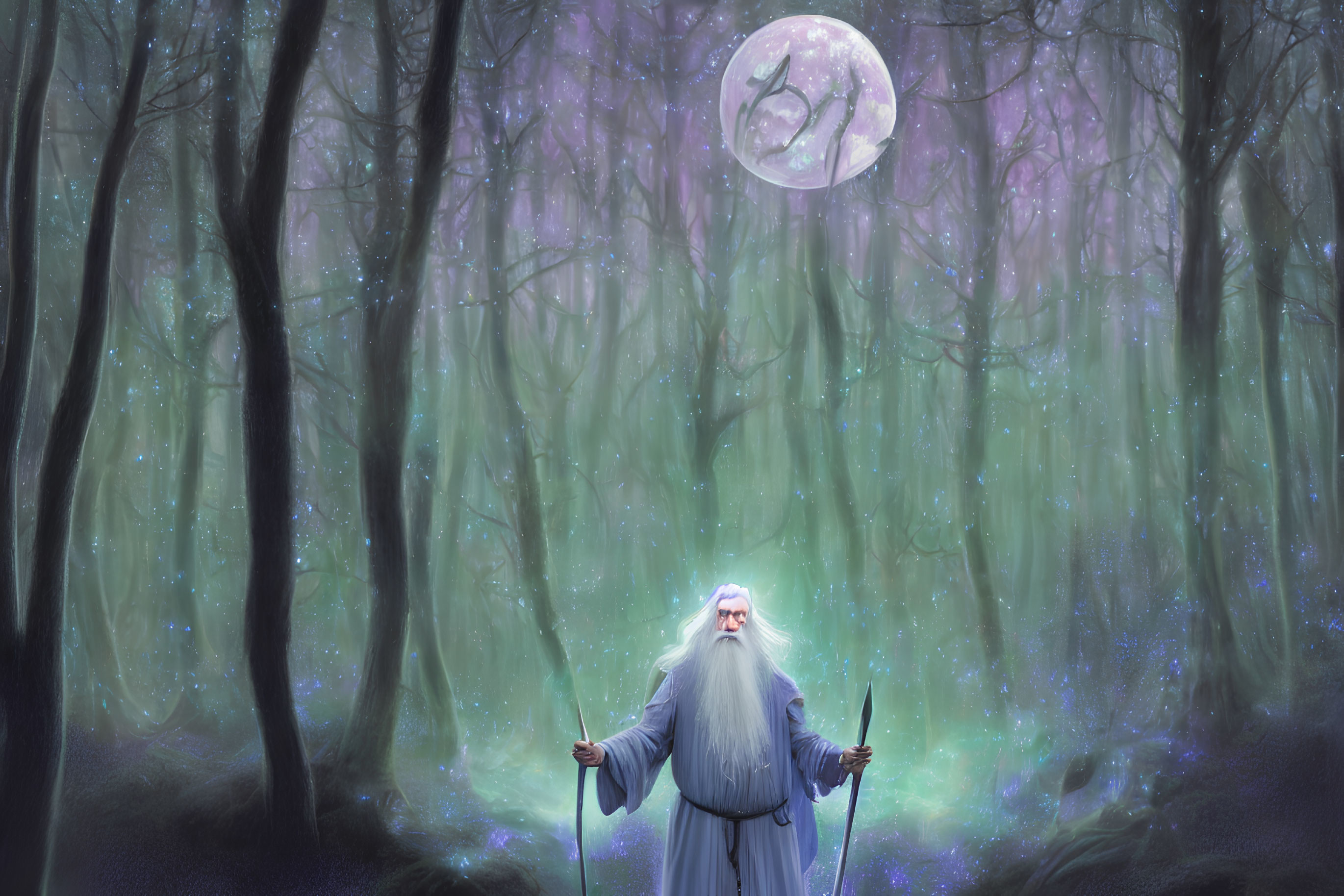 White-bearded wizard in enchanted forest under full moon and blue lights