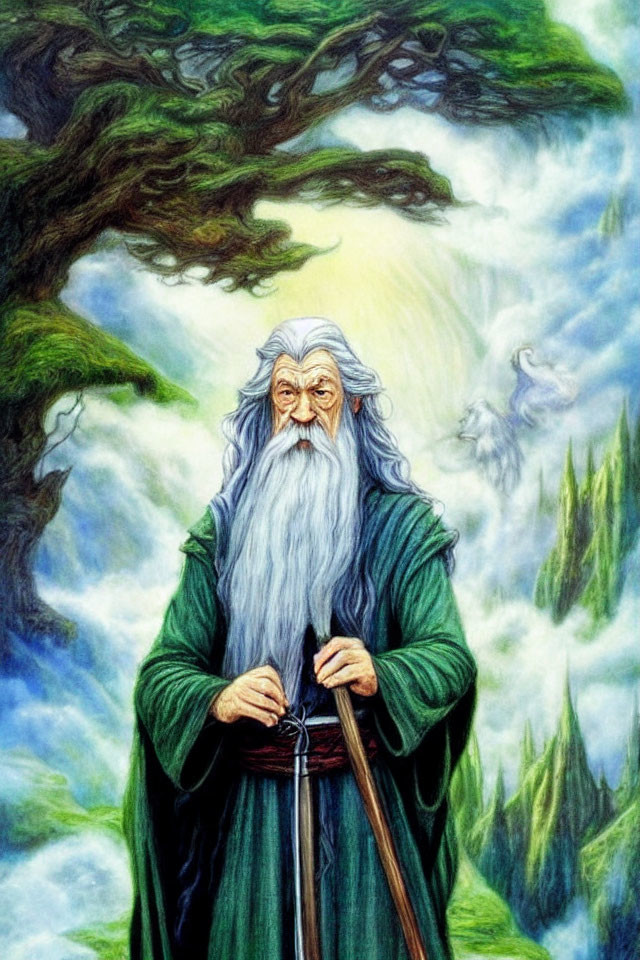 Elderly wizard in green robe under ancient tree