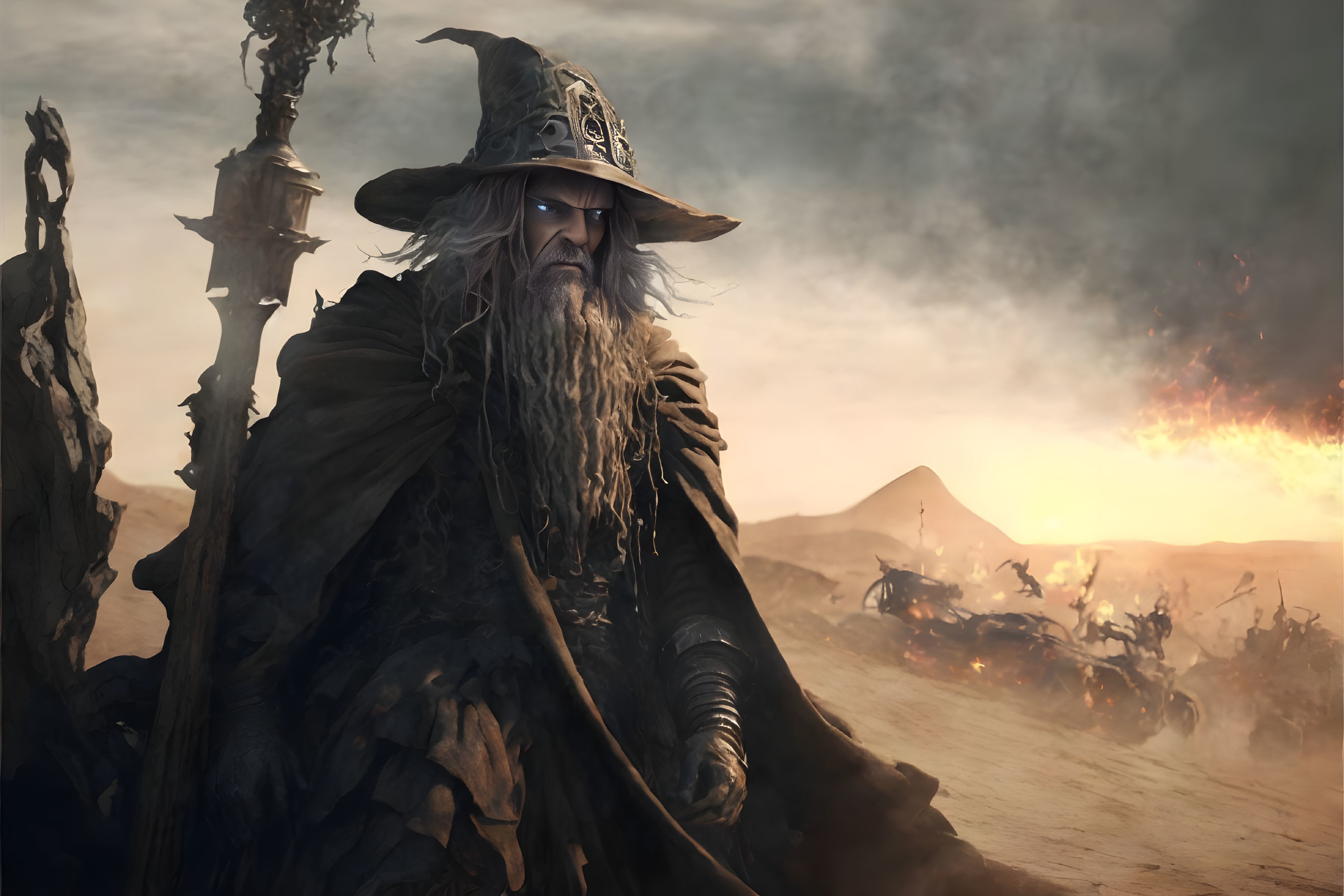 Bearded wizard in wide-brimmed hat on desolate battlefield with smoke and fire