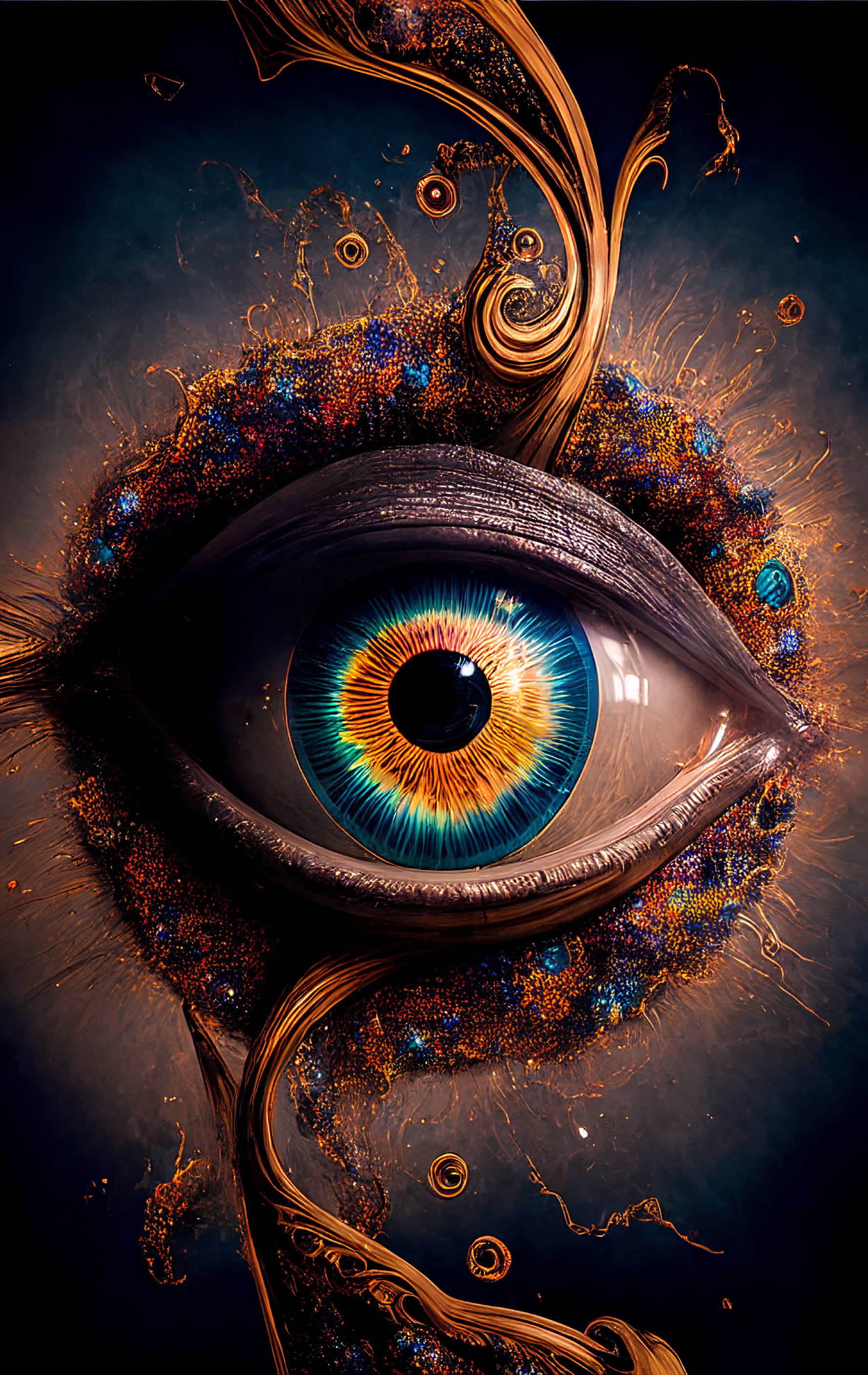 Colorful surreal digital artwork: Eye with swirling embellishments
