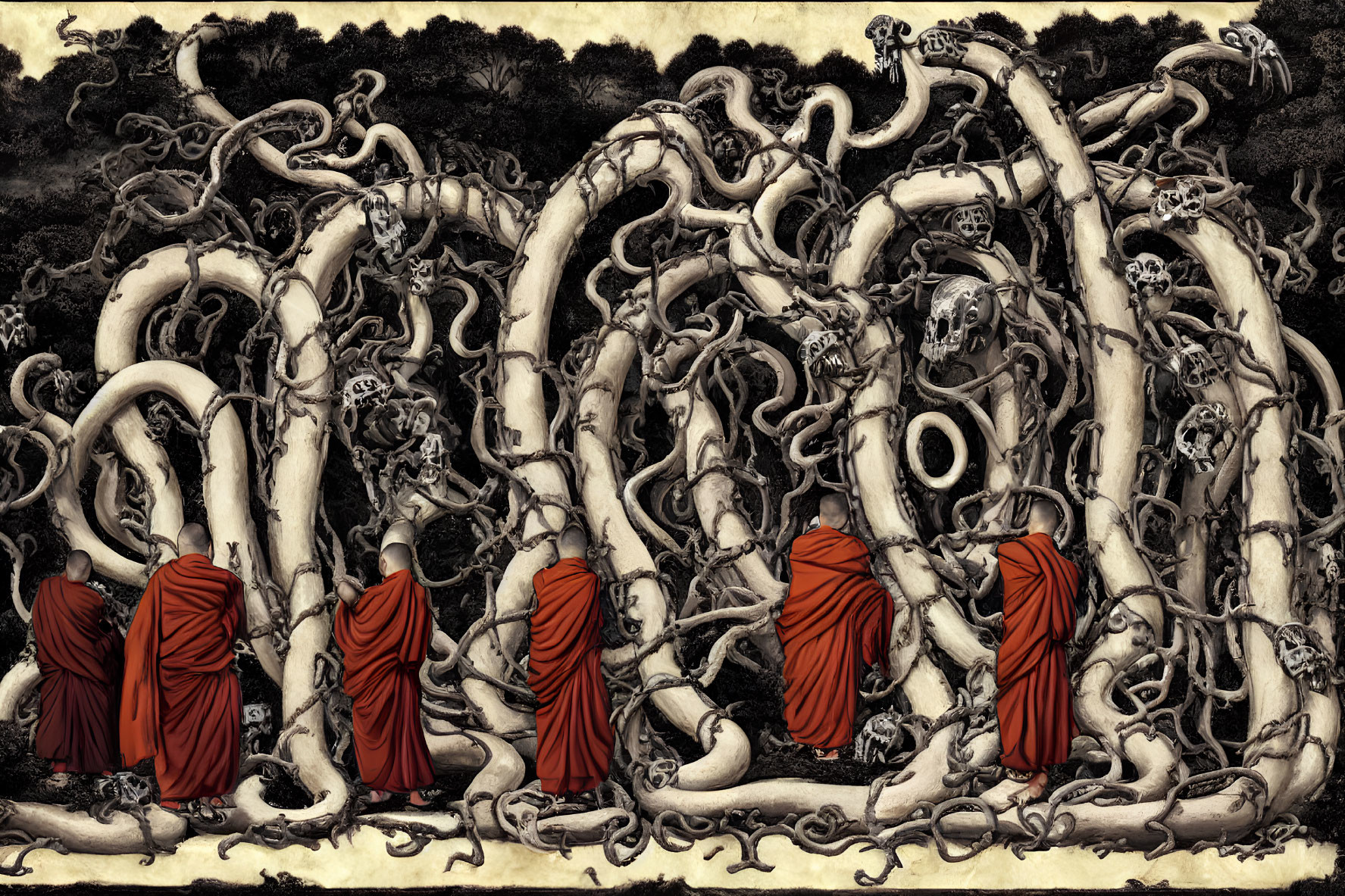 Four monks meditating in red robes before surreal tree roots and branches