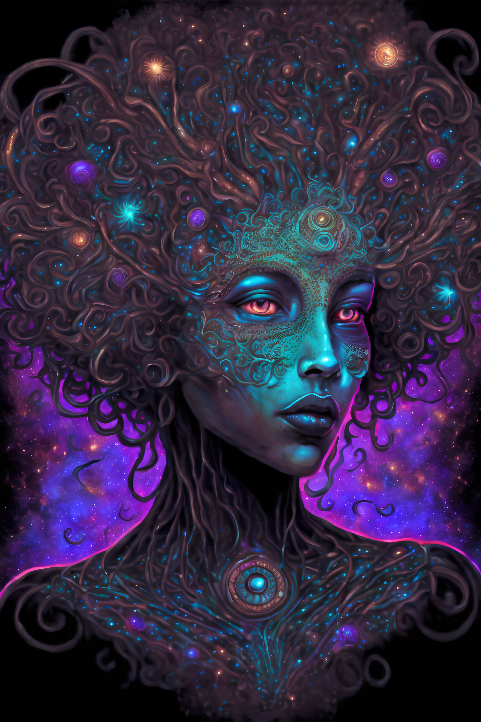 Colorful digital artwork: Cosmic entity with star-filled hair and glowing orbs.