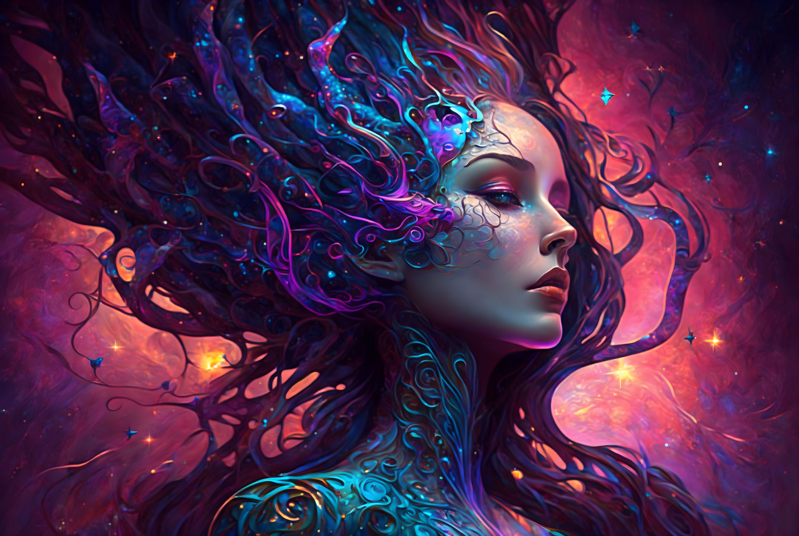 Surreal portrait of woman with flowing hair against cosmic background